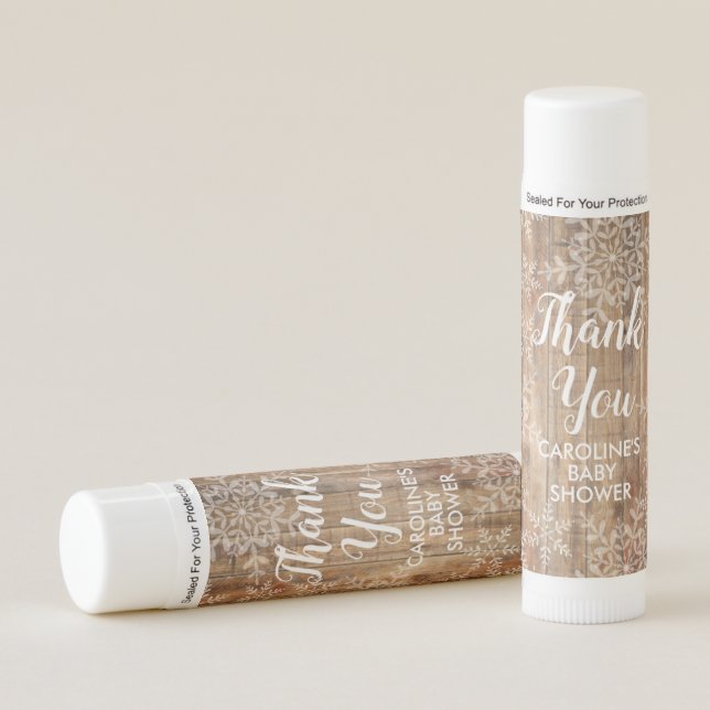 Rustic Snowflakes on Wood Winter Baby Shower Lip Balm (Front)