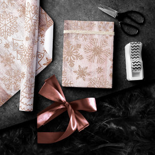 Rustic Snowflakes Rose Gold Tree and Santa Claus Wrapping Paper