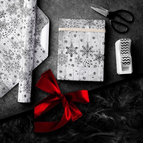 Rustic Snowflakes  Silver Diamond Wood Pattern Wrapping Paper