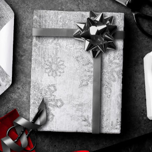 Rustic Snowflakes Silver Grunge Wood Planks Wrapping Paper