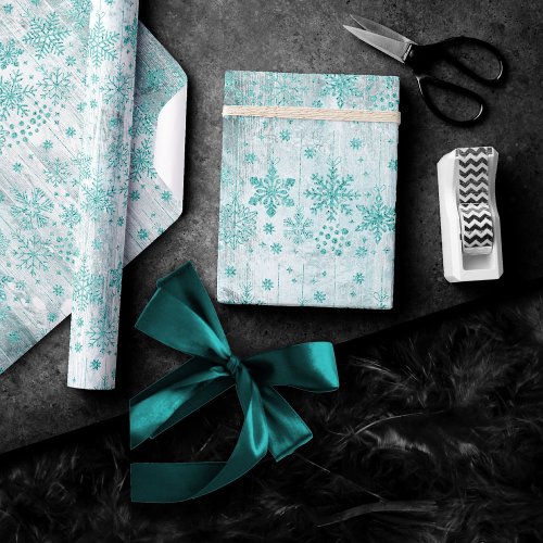 Rustic Snowflakes  Turquoise Mint Green Border Wrapping Paper