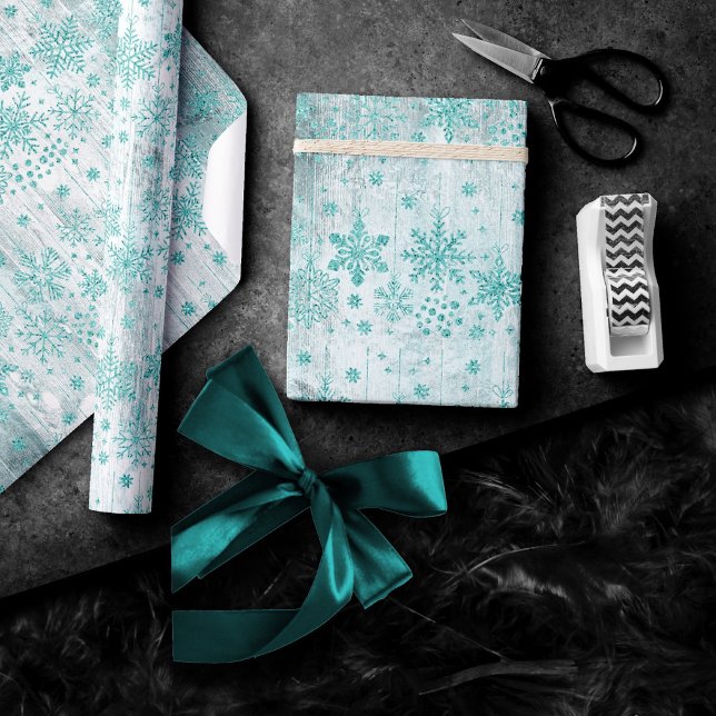 Rustic Snowflakes | Turquoise Mint Green Border Wrapping Paper (Creator Uploaded)