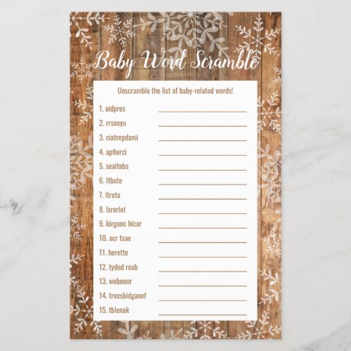 Rustic Snowflakes Winter Baby Shower Word Scramble Flyer