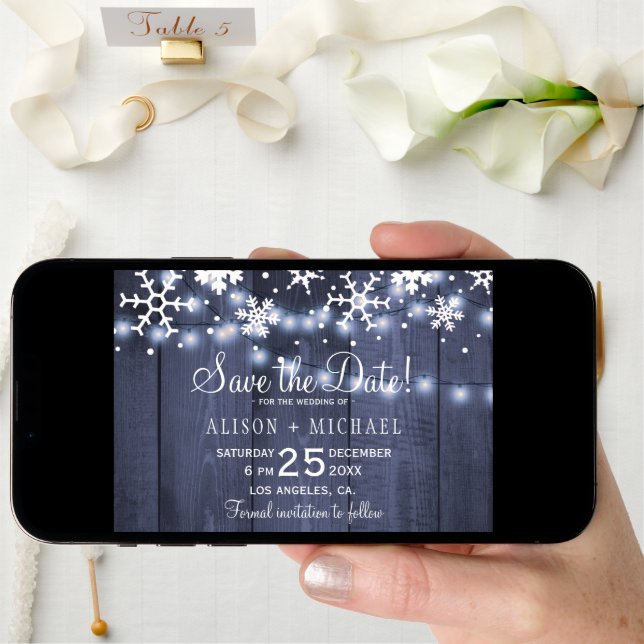 Rustic snowflakes winter photo wedding save date save the date (Front Digital)