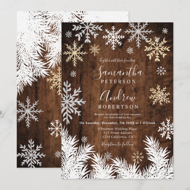 Rustic snowflakes wood winter Christmas wedding Invitation (Front/Back)