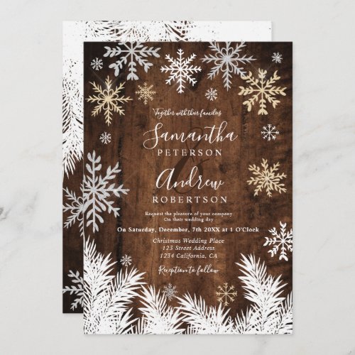Rustic snowflakes wood winter Christmas wedding Invitation