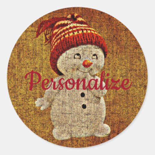 Rustic Snowman on burlap cute winter brown red Classic Round Sticker