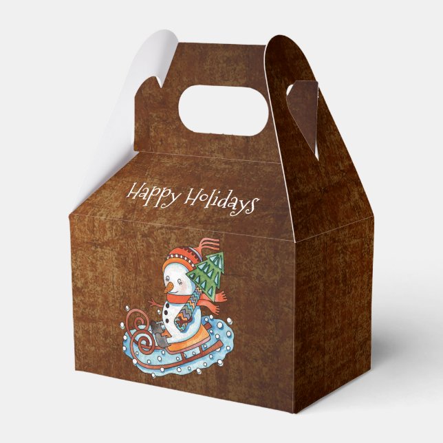 Rustic Snowman on Sled Christmas Favor Box (Front Side)