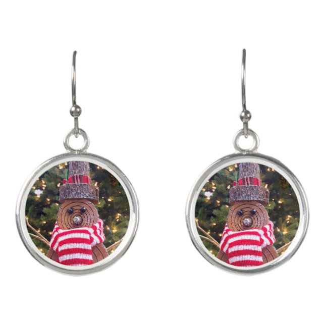 Rustic snowman red stripe scarf tree lights cute earrings (Front)