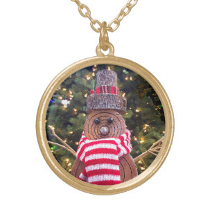 Rustic snowman red stripe scarf tree lights cute gold plated necklace