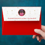 Rustic snowman tree script custom name cute red envelope<br><div class="desc">A close-up photo of a happy and cute, rustic log snowman, wrapped in a red and white striped scarf against lighted trees, on a sparkly, gold star background helps you usher in Christmas and New Year. Lined with more tiny gold stars on white, on the inside. Feel the warmth and...</div>