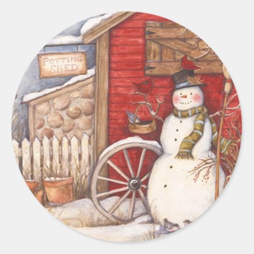 Rustic Snowman Winter Scene Classic Round Sticker