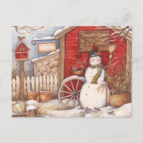Rustic Snowman Winter Scene Postcard