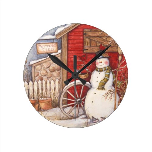 Rustic Snowman Winter Scene Round Clock