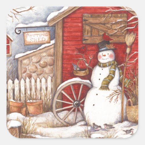 Rustic Snowman Winter Scene Square Sticker