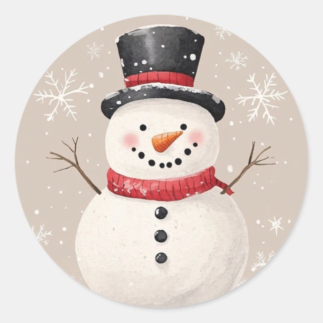 Rustic Snowman with Snowflakes Illustration Classic Round Sticker (Front)