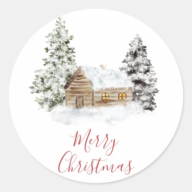 Rustic Snowy Cabin Merry Christmas Stickers (Front)