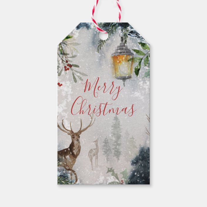 Download Rustic Snowy Christmas Deer Lantern Gift Tags 2 | Zazzle.com