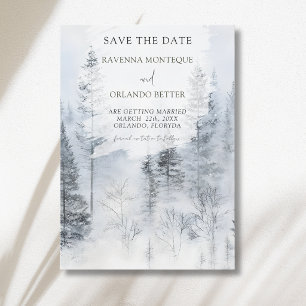 Rustic Snowy Forest Mountain Watercolor Wedding Save The Date