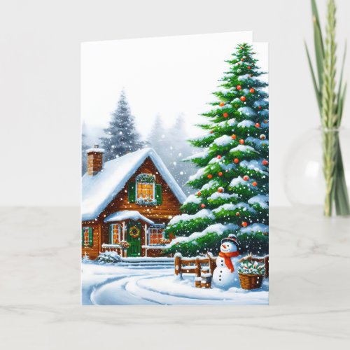 Rustic Snowy Log Cabin Christmas Greeting Card 
