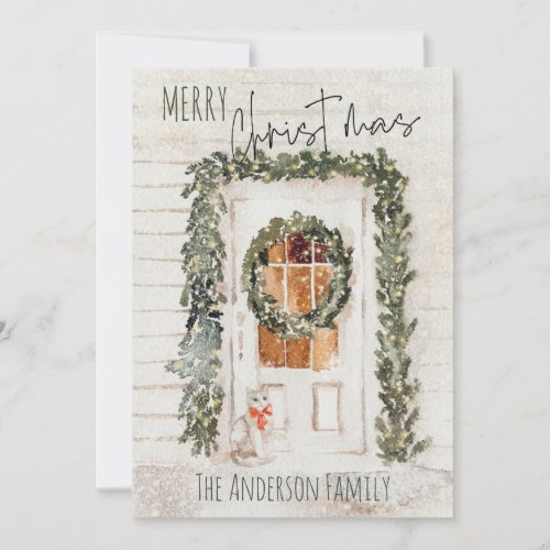 Rustic Snowy Merry Christmas Wreath Front Door Cat Holiday Card