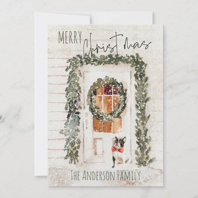 Rustic Snowy Merry Christmas Wreath Front Door Dog Holiday Card (Front)