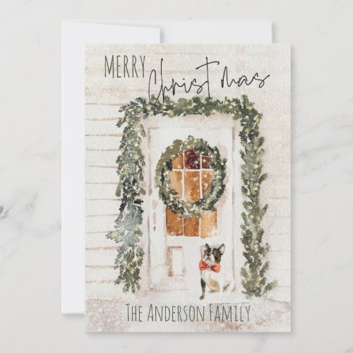 Rustic Snowy Merry Christmas Wreath Front Door Dog Holiday Card