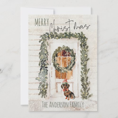 Rustic Snowy Merry Christmas Wreath Front Door Dog Holiday Card