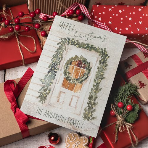 Rustic Snowy Merry Christmas Wreath Front Door Hol Holiday Card