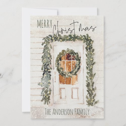 Rustic Snowy Merry Christmas Wreath Front Door Holiday Card