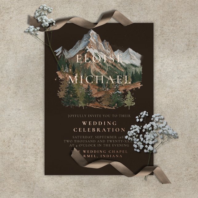 Rustic Snowy Mountain Landscape Watercolor Wedding Foil Invitation (Rustic Snowy Mountain Landscape Watercolor Wedding Foil Invitation)