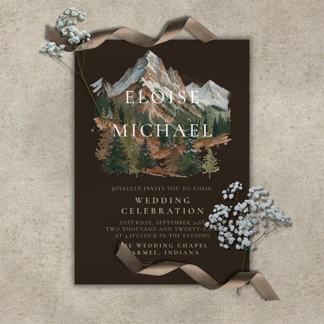 Rustic Snowy Mountain Landscape Watercolor Wedding Invitation (Rustic Snowy Mountain Landscape Watercolor Wedding Invitation)