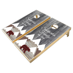 Rustic Snowy Mountains Buffalo Check Bear Family Cornhole Set