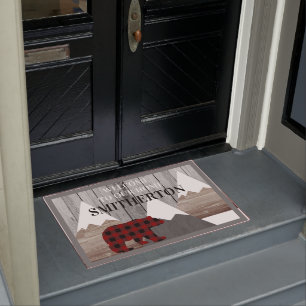 Rustic Snowy Mountains Buffalo Check Bear Family Doormat