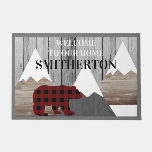 Rustic Snowy Mountains Buffalo Check Bear Family Doormat
