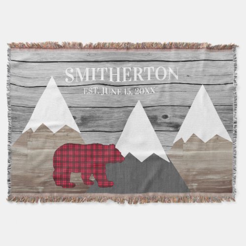 Rustic Snowy Mountains Buffalo Check Bear Family Throw Blanket