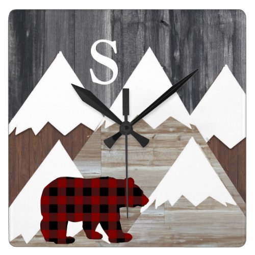 Rustic Snowy Mountains Buffalo Check Bear Monogram Square Wall Clock