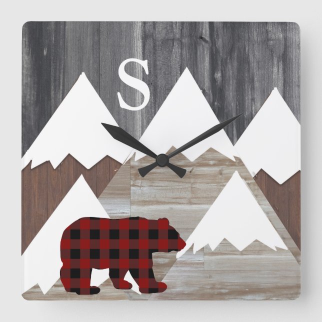 Rustic Snowy Mountains Buffalo Check Bear Monogram Square Wall Clock (Front)