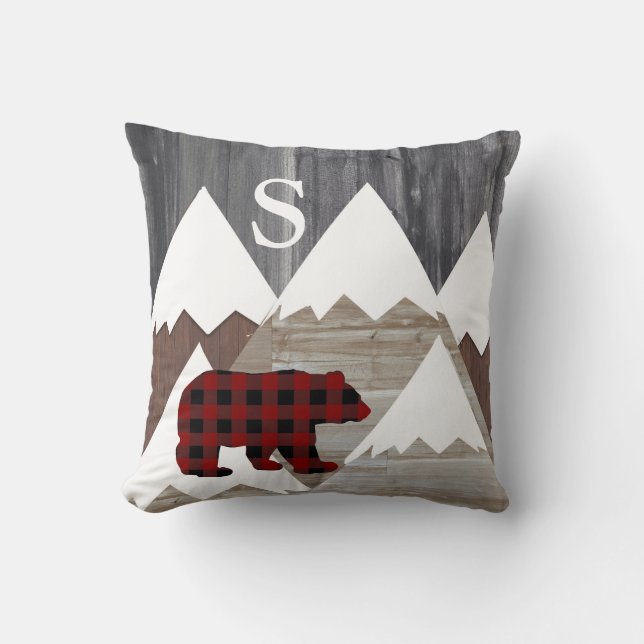 Rustic Snowy Mountains Buffalo Check Bear Monogram Throw Pillow (Front)