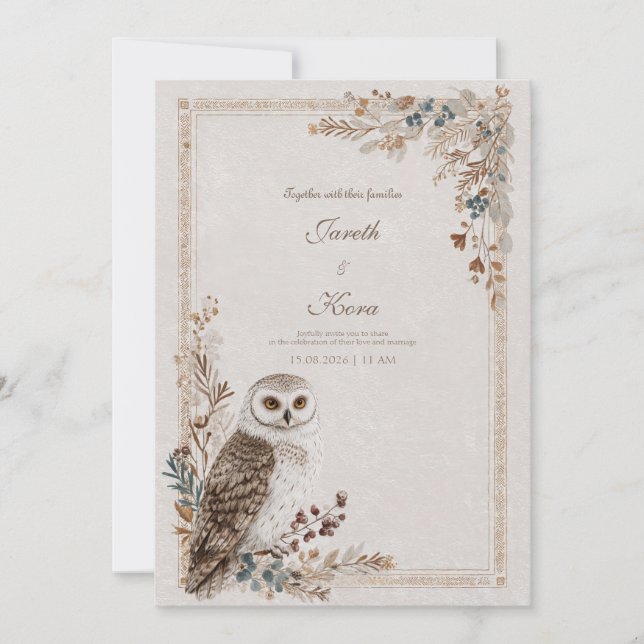 Rustic Snowy Owl Winter Woodland Wedding Invitation (Front)