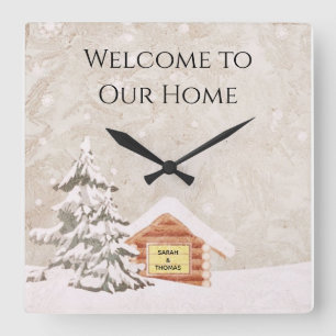 Rustic Snowy Winter Cabin Welcome Square Wall Clock