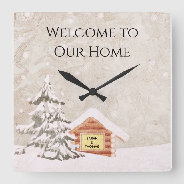 Rustic Snowy Winter Cabin Welcome  Square Wall Clock (Front)