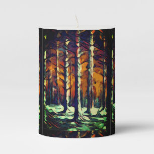 Rustic snowy winter forest tree brown black white pillar candle