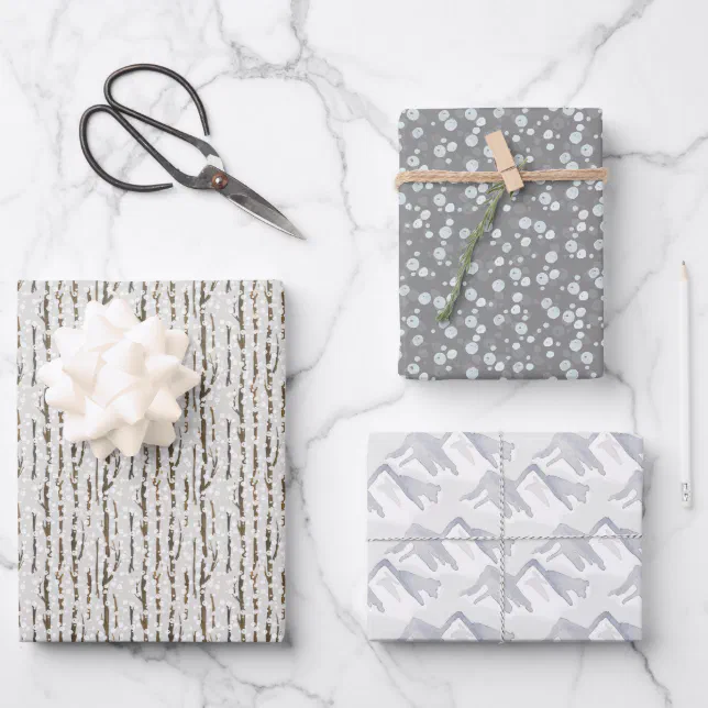 Rustic Snowy Winter Watercolor Patterns Christmas Wrapping Paper Sheets ...