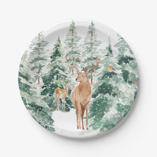 Rustic Snowy Winter Woodland Deer Paper Plates