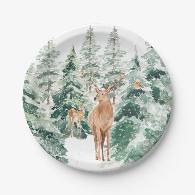 Rustic Snowy Winter Woodland Deer Paper Plates (Front)
