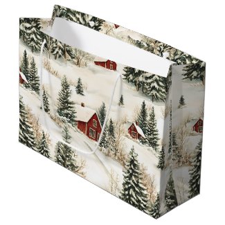 Rustic Snowy Woodland Village Red White Christmas