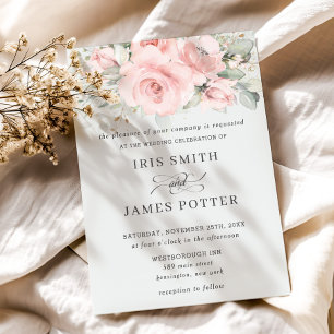 Rustic Soft Blush Pink Floral Greenery Wedding Invitation