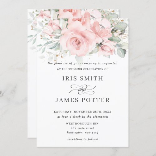 Rustic Soft Blush Pink Floral Greenery Wedding Invitation