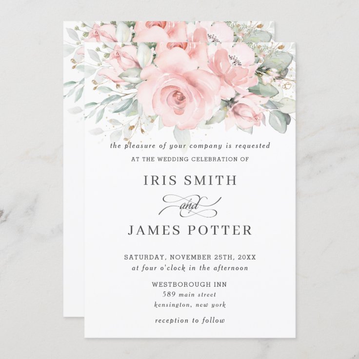 Rustic Soft Blush Pink Floral Greenery Wedding Invitation | Zazzle